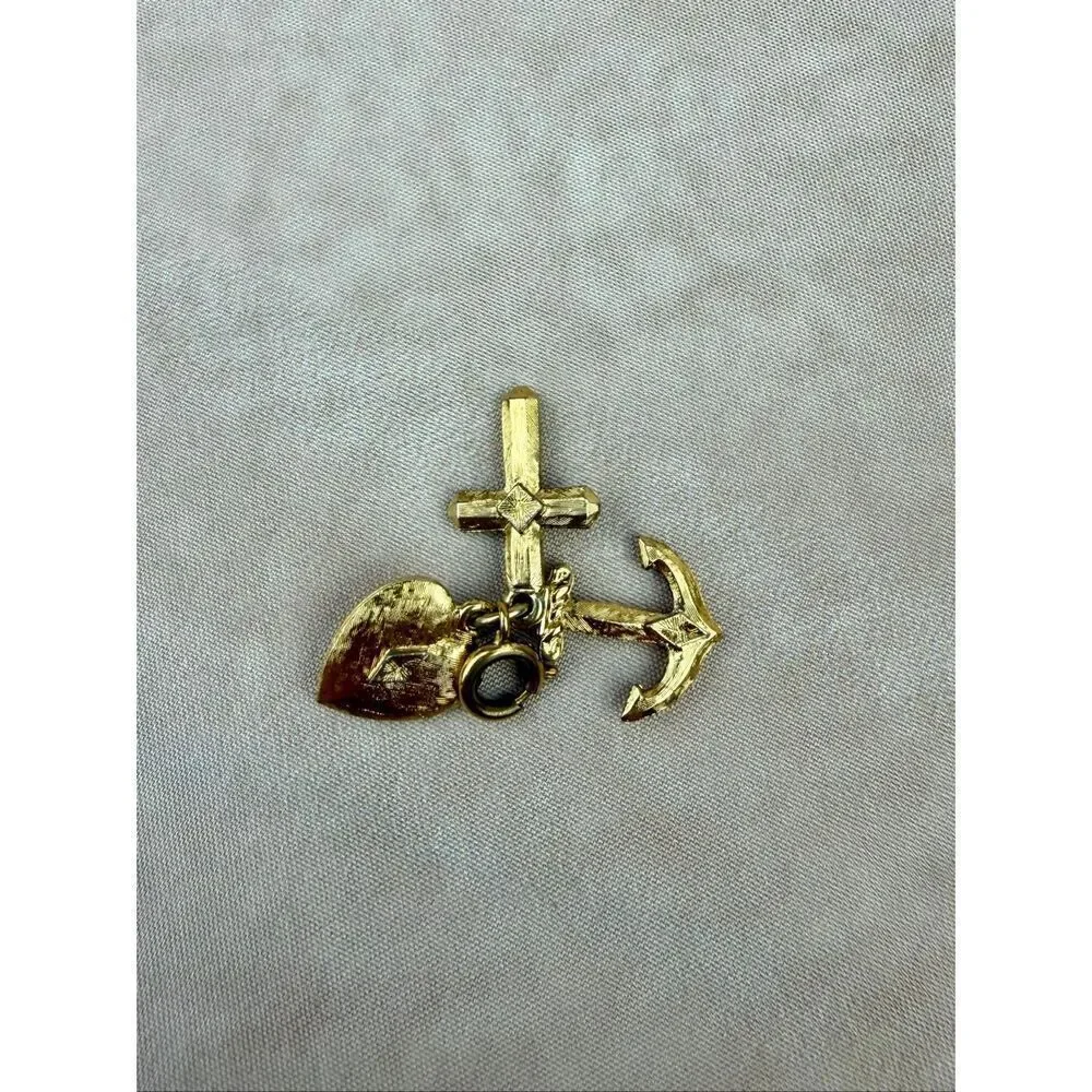 Vintage Gold Tone Faith Hope and Charity Cross Charm Pendant